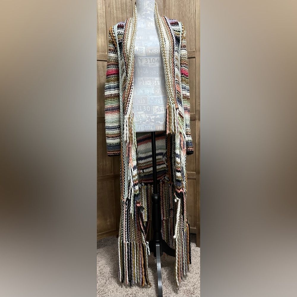 T Party Multi Color Knit Long Fringe Duster Cardigan.